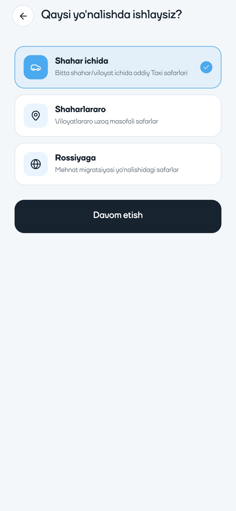 Oddiy HUB: ish yoʻnalishini tanlash ekrani