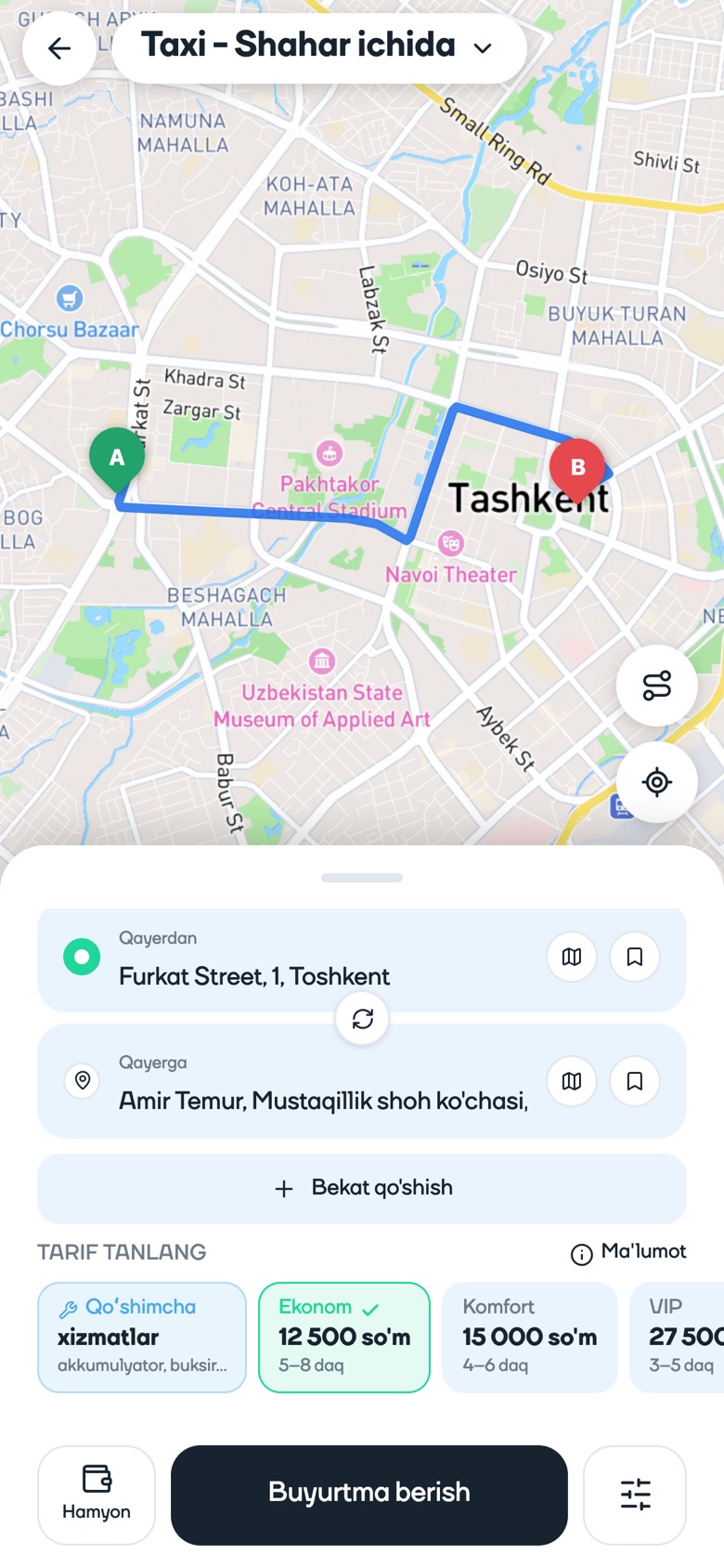 Taxi buyurtmasi: xarita, manzillar va tariflar